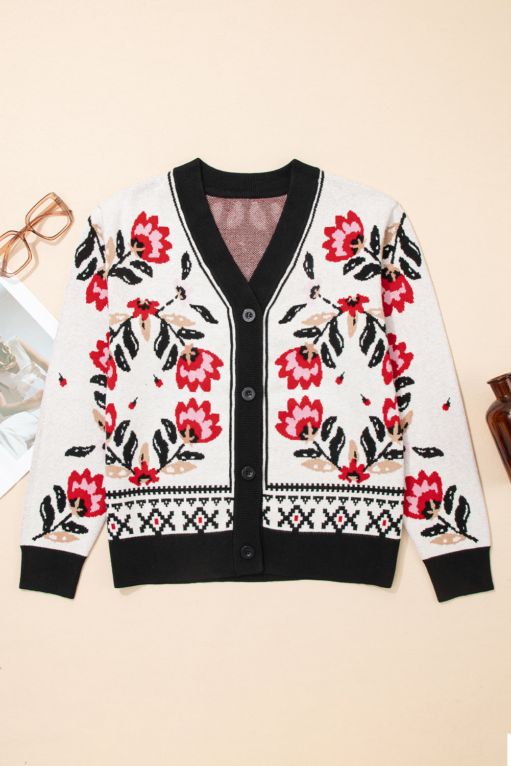 Beige Floral Print Buttoned Front V Neck Knit Cardigan-Sweaters & Cardigans/Cardigans-[Adult]-[Female]-2022 Online Blue Zone Planet