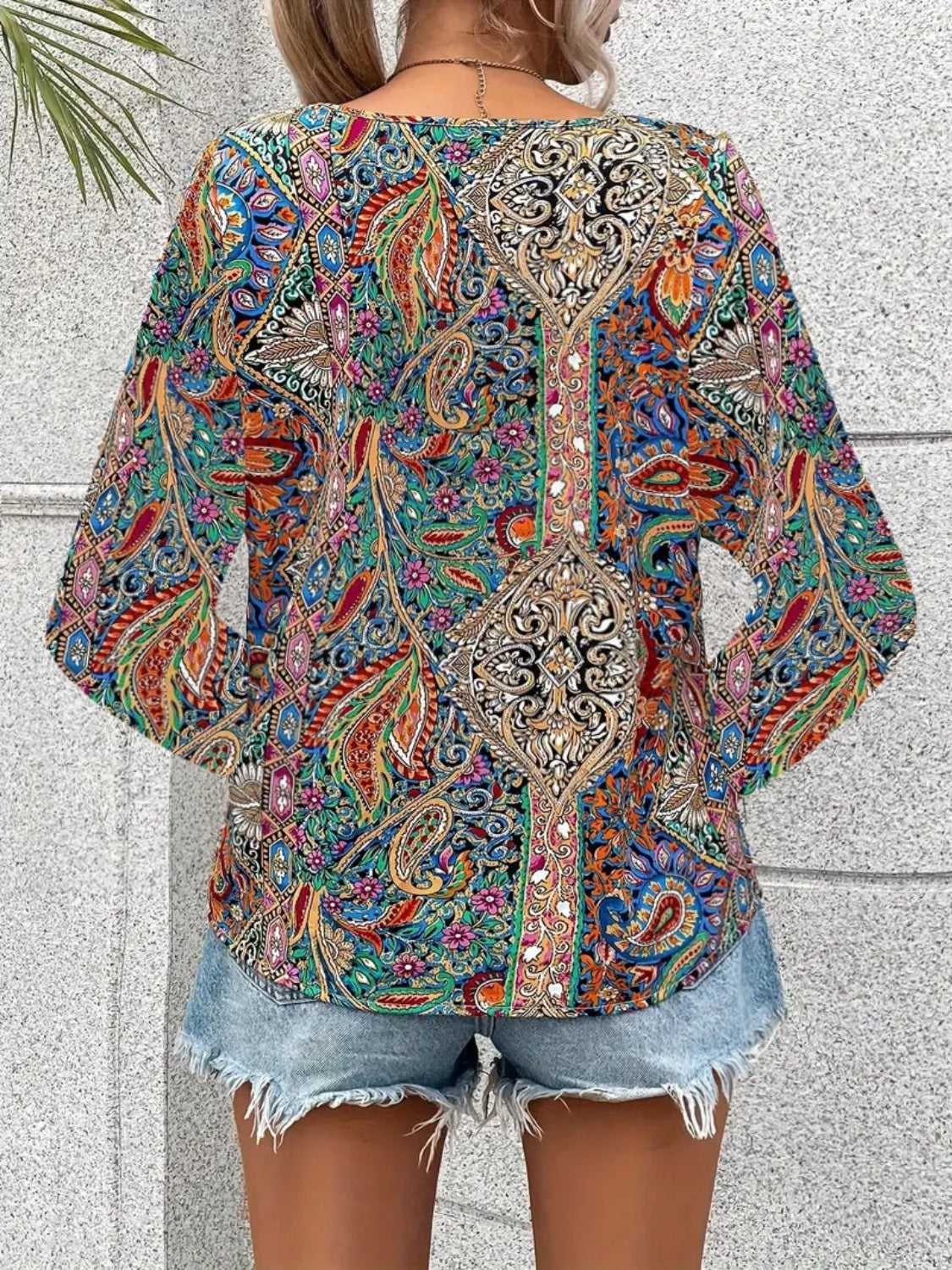 Printed V-Neck Long Sleeve Blouse-TOPS / DRESSES-[Adult]-[Female]-2022 Online Blue Zone Planet