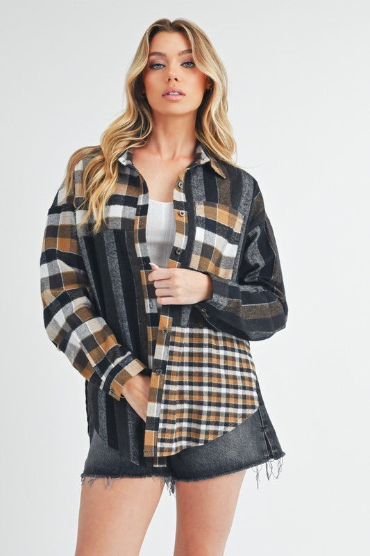 Blue Zone Planet | Aem+Co Curved Hem Plaid Button Up Shirt-TOPS / DRESSES-[Adult]-[Female]-Black-S-2022 Online Blue Zone Planet