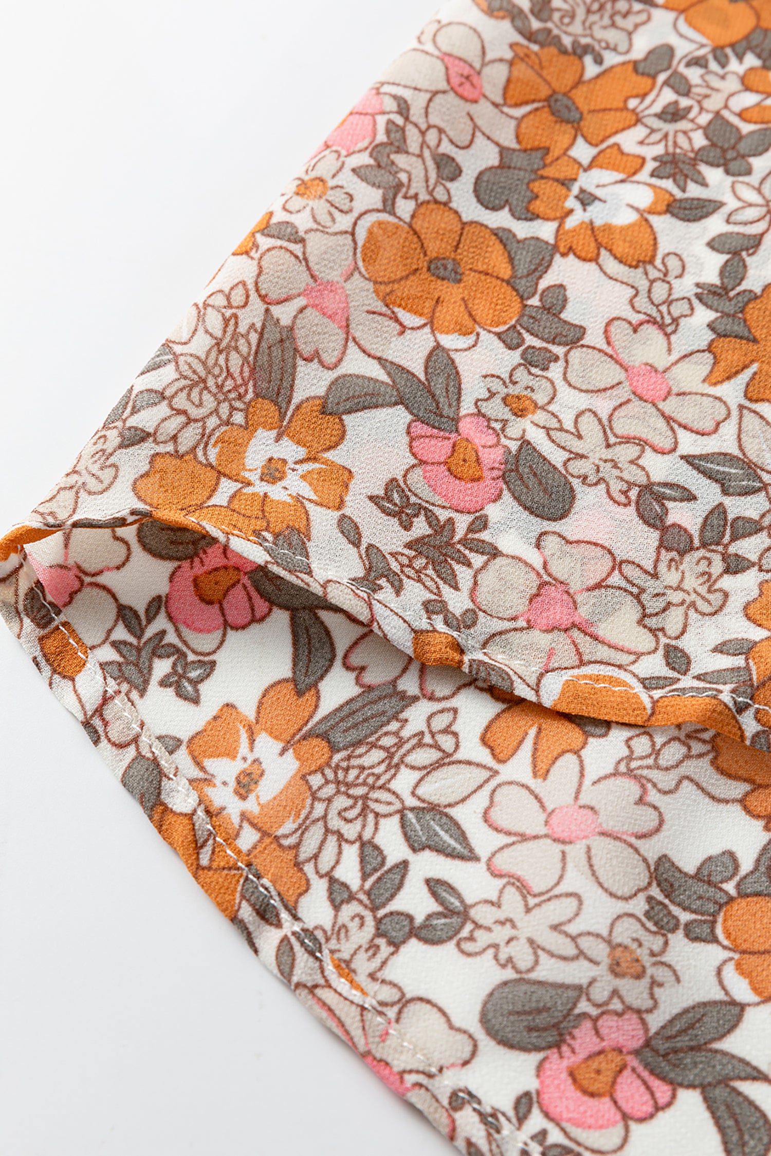 Orange Bohemian Floral Puff Sleeve Full Button Shirt-Tops/Blouses & Shirts-[Adult]-[Female]-2022 Online Blue Zone Planet