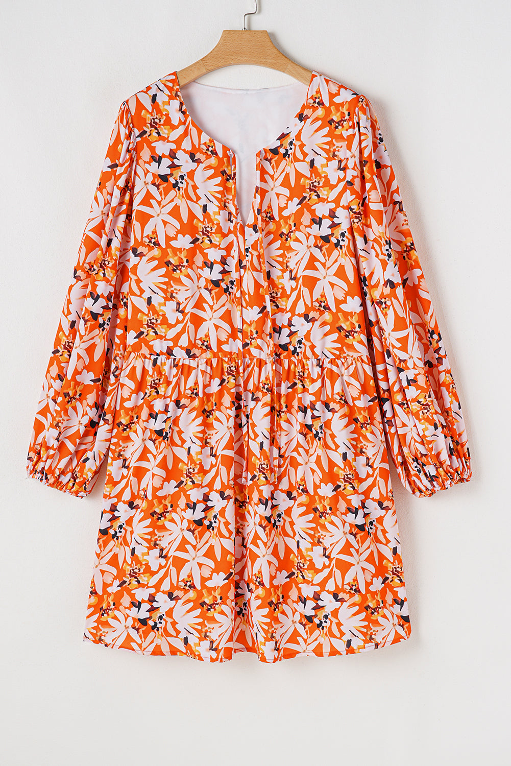 Blue Zone Planet | Orange Floral Print Split V Neck Bubble Sleeve Plus Size Midi Dress-TOPS / DRESSES-[Adult]-[Female]-2022 Online Blue Zone Planet