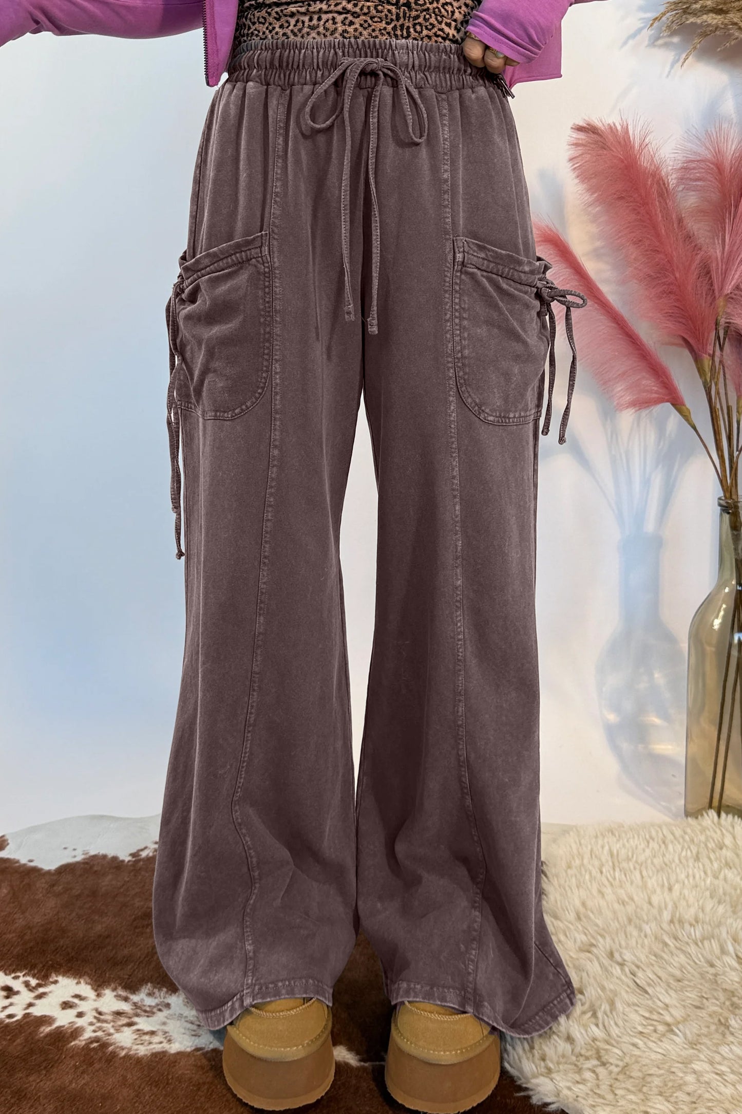 Dark Brown Cotton Mineral Wash Elastic Waist Drawstring Tie Detail Cargo Pants-Bottoms/Pants & Culotte-[Adult]-[Female]-2022 Online Blue Zone Planet