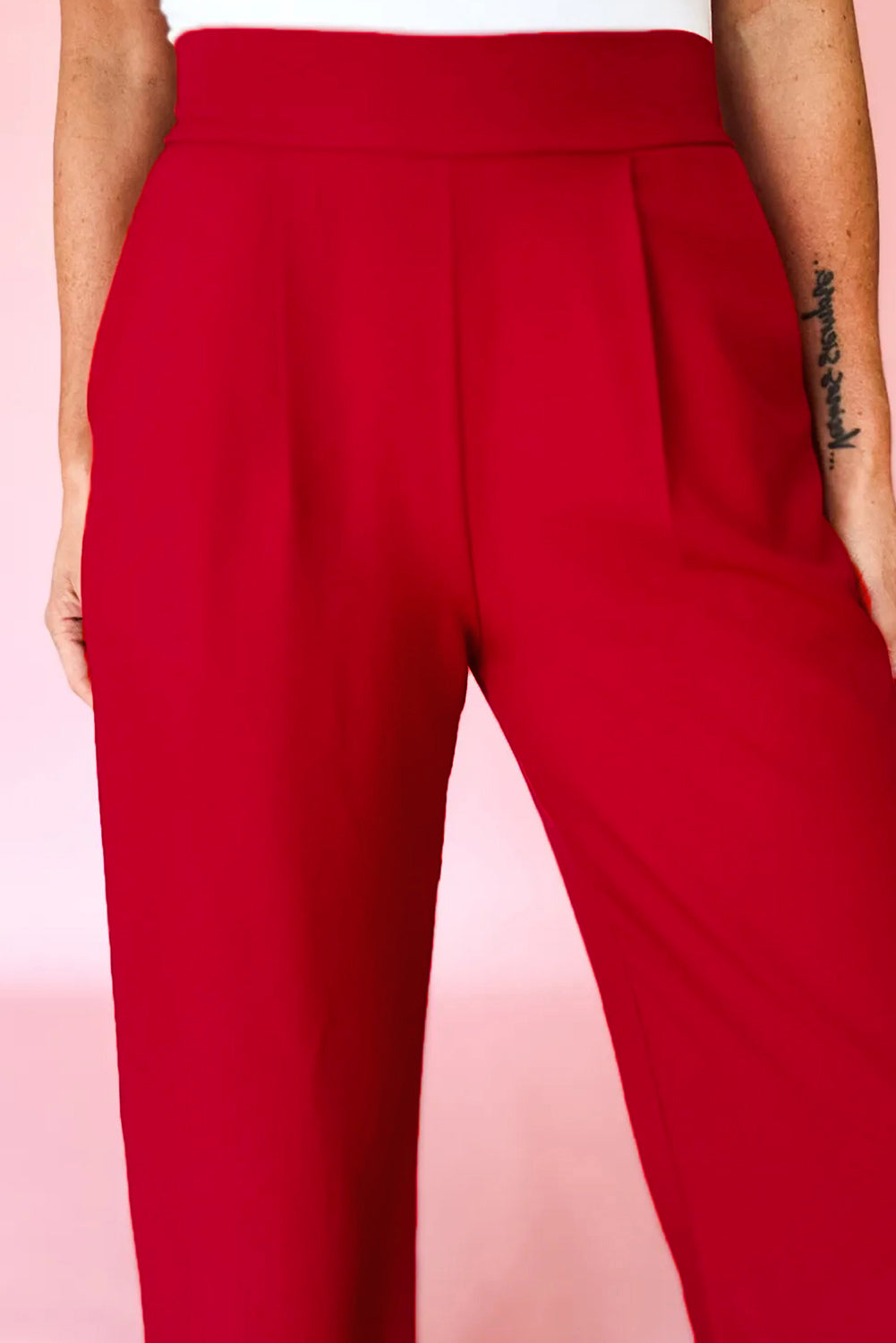 Fiery Red Pleated Detail Pull On High Elastic Waist Loose Straight Pants-Bottoms/Pants & Culotte-[Adult]-[Female]-2022 Online Blue Zone Planet