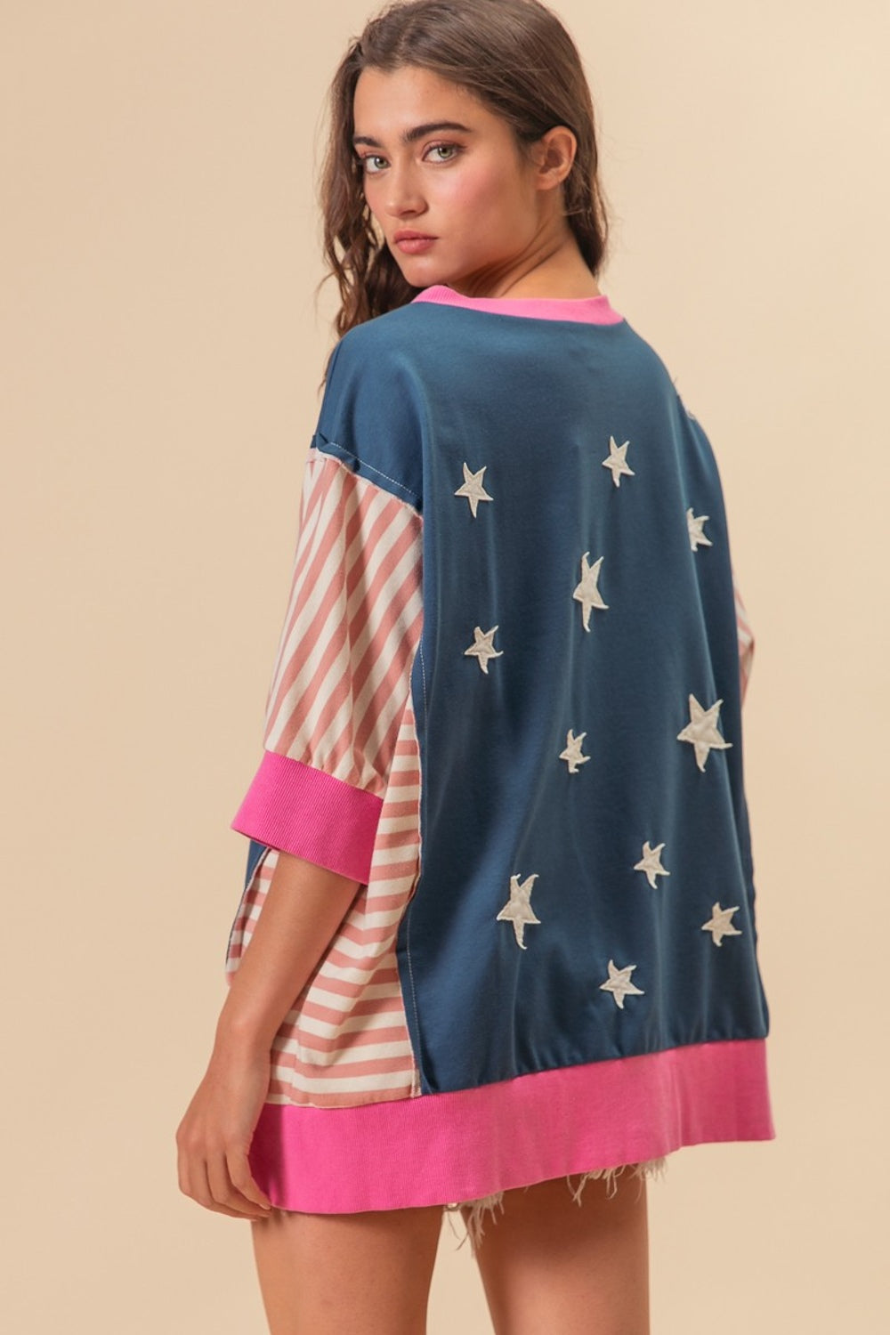 BiBi US Flag Theme Color Block Star Patch T-Shirt-TOPS / DRESSES-[Adult]-[Female]-2022 Online Blue Zone Planet