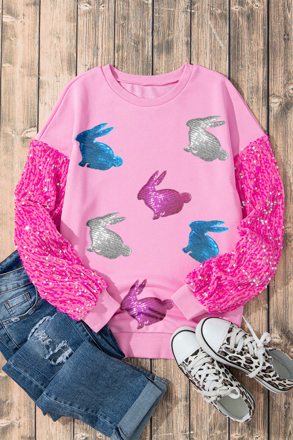 Pink Easter Bunny Patched Graphic Sequin Long Sleeve Top-Graphic/Graphic Long Sleeve Tees-[Adult]-[Female]-2022 Online Blue Zone Planet