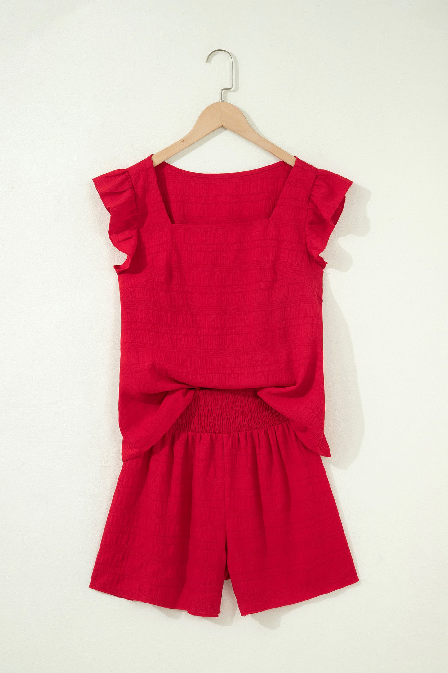 Peach Blossom Textured Square Neck Top And Shirred High Waist Shorts Set-Two Piece Sets/Short Sets-[Adult]-[Female]-2022 Online Blue Zone Planet