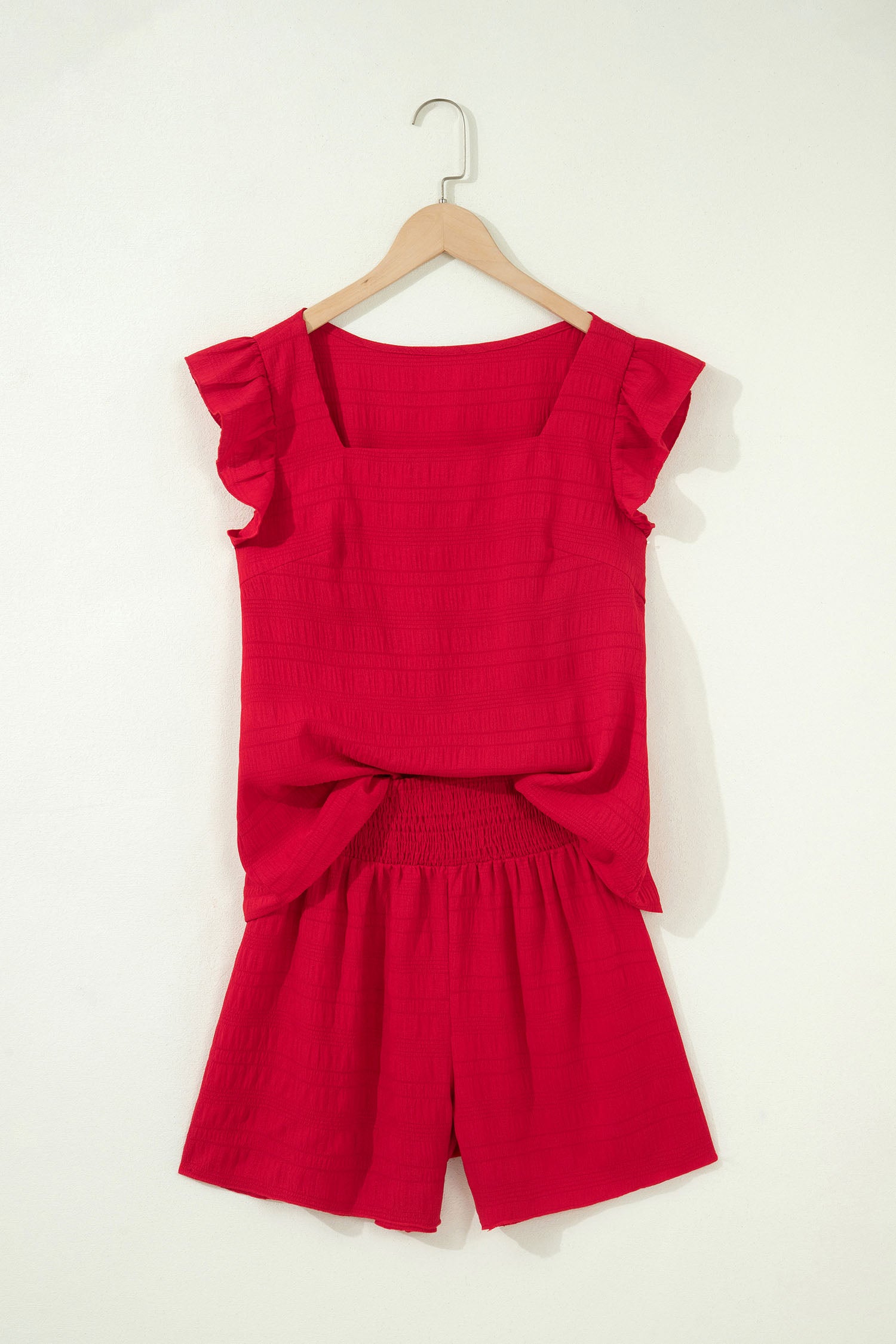 Peach Blossom Textured Square Neck Top And Shirred High Waist Shorts Set-Two Piece Sets/Short Sets-[Adult]-[Female]-2022 Online Blue Zone Planet