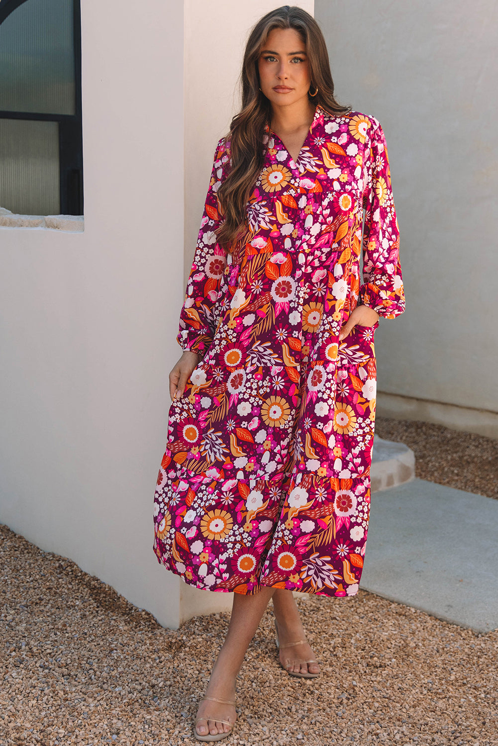 Blue Zone Planet | Purple Collared Tiered Flowy Long Dress-TOPS / DRESSES-[Adult]-[Female]-2022 Online Blue Zone Planet