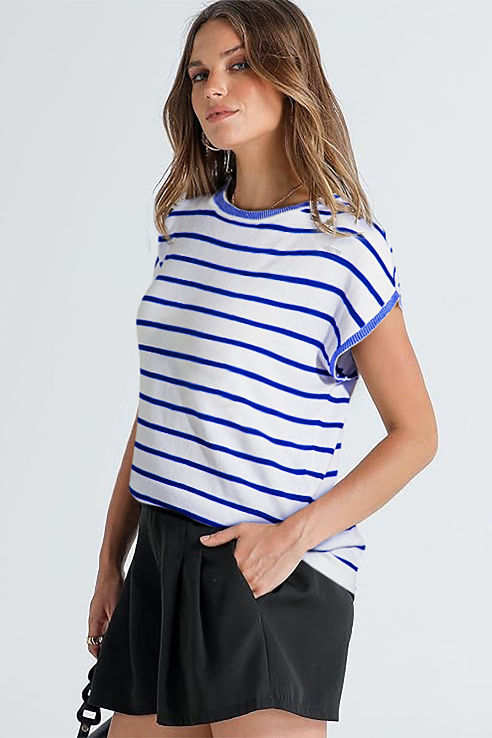 White Stripe Knitted Bat Sleeve T Shirt-Sweaters & Cardigans/Short Sleeve Sweaters-[Adult]-[Female]-2022 Online Blue Zone Planet