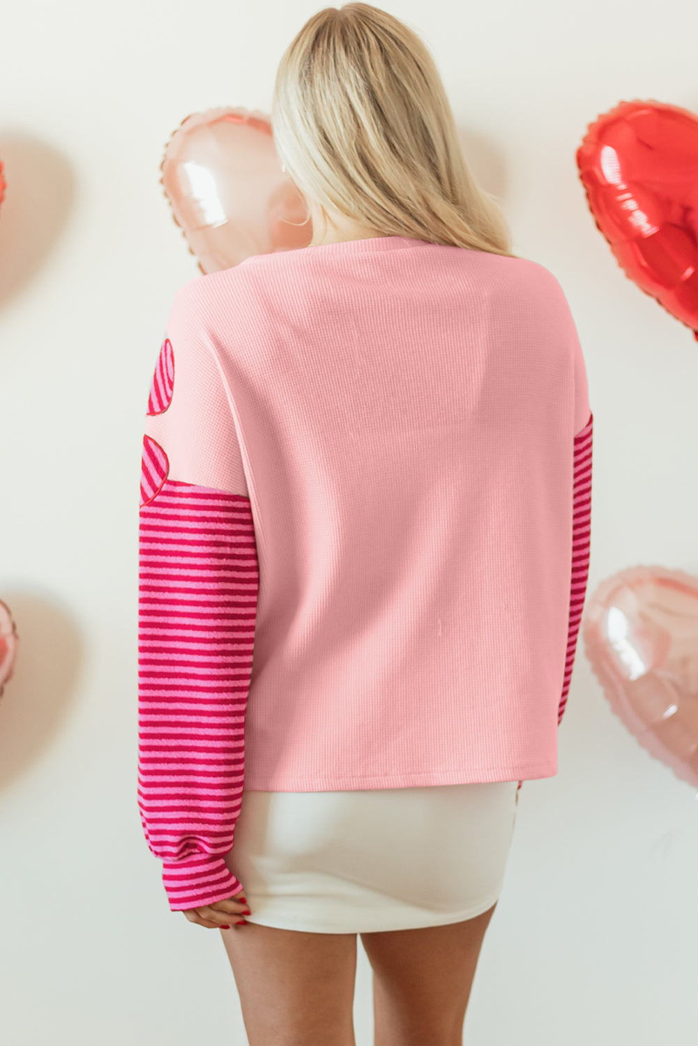 Blue Zone Planet | Pink Floral Patch Color Block Striped Sleeve Textured Top-Tops/Long Sleeve Tops-[Adult]-[Female]-2022 Online Blue Zone Planet