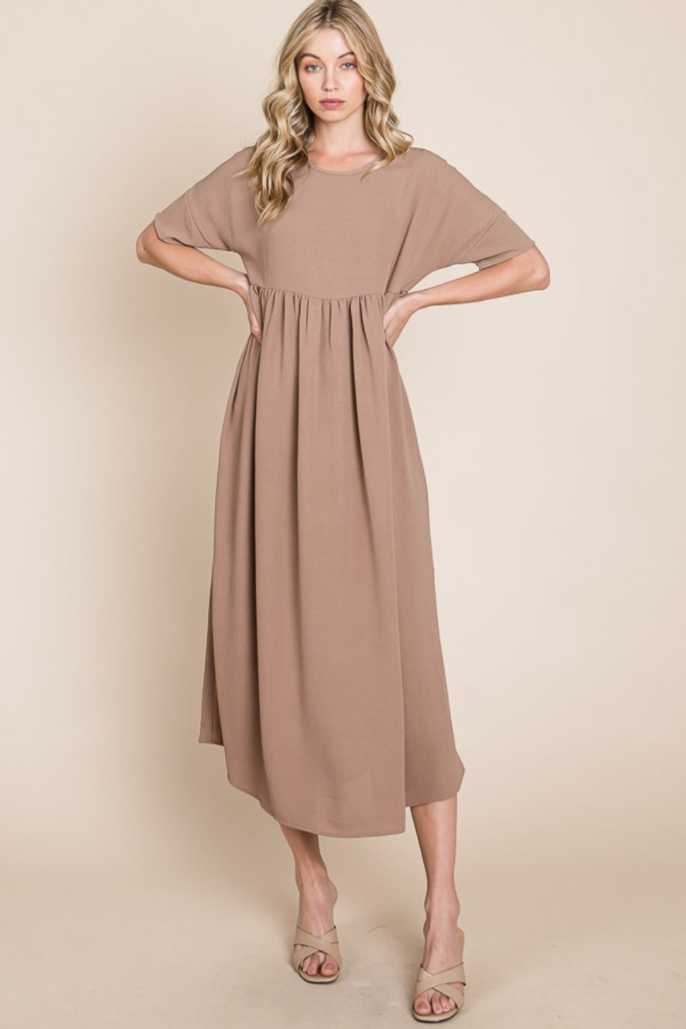 BOMBOM Round Neck Ruched Midi Dress-TOPS / DRESSES-[Adult]-[Female]-Mocha-S-2022 Online Blue Zone Planet