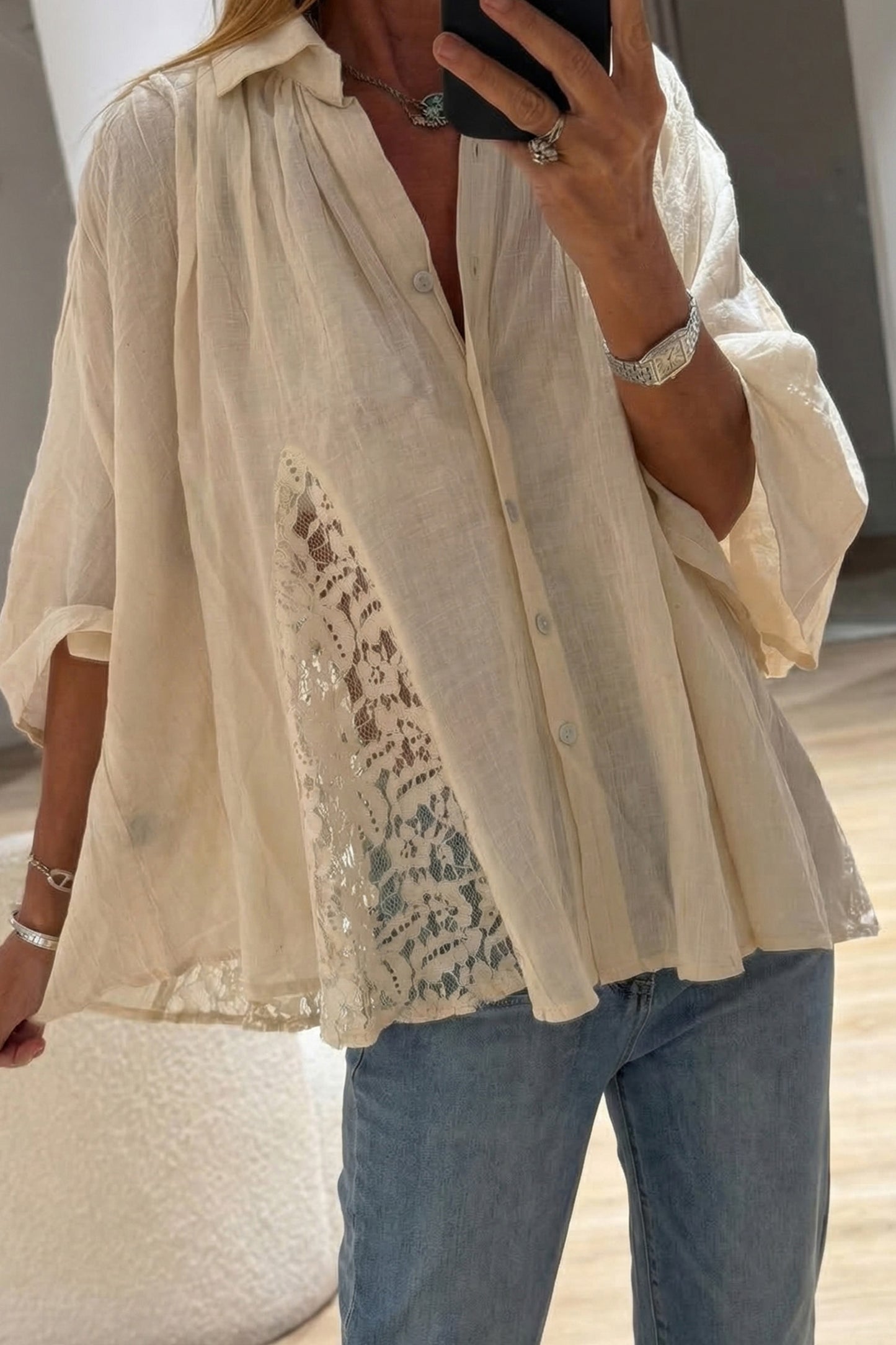 Oatmeal Sheer Lace Splicing Detail Bracelet Sleeve Loose Flowy Shirt