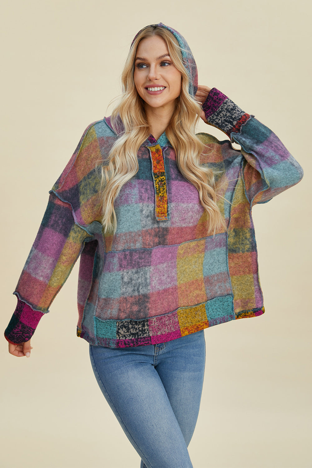 Double Take Full Size Plaid Dropped Shoulder Hoodie-HOODIES-[Adult]-[Female]-2022 Online Blue Zone Planet