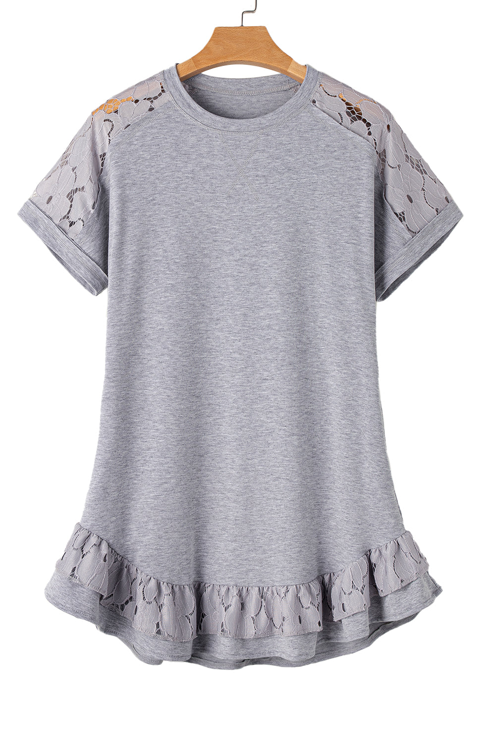 Light Grey Lace Floral Patchwork Ruffled T-shirt Dress Blue Zone Planet