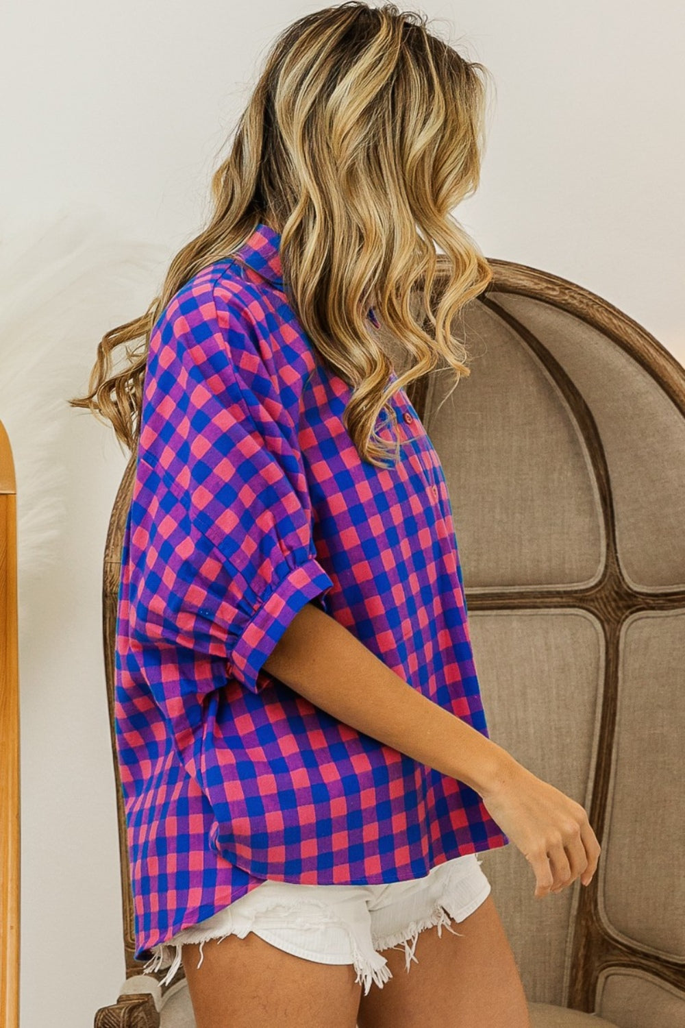 BiBi Plaid Button Up Dolman Sleeve Shirt-TOPS / DRESSES-[Adult]-[Female]-2022 Online Blue Zone Planet