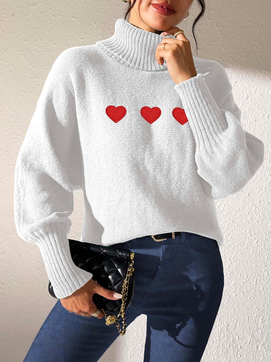 Heart Turtleneck Long Sleeve Sweater-TOPS / DRESSES-[Adult]-[Female]-2022 Online Blue Zone Planet