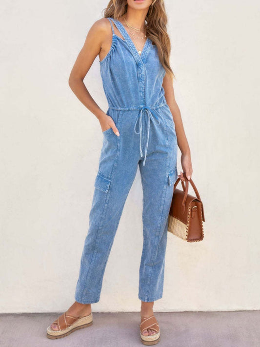 V-Neck Sleeveless Denim Jumpsuit-TOPS / DRESSES-[Adult]-[Female]-Medium-S-2022 Online Blue Zone Planet