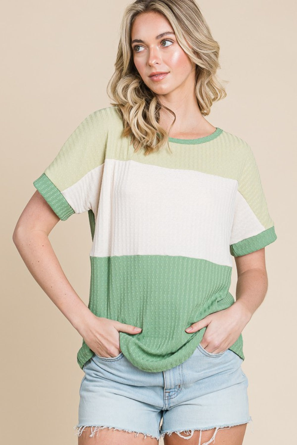 BOMBOM Color Block Short Sleeve T-Shirt-TOPS / DRESSES-[Adult]-[Female]-Green Multi-S-2022 Online Blue Zone Planet