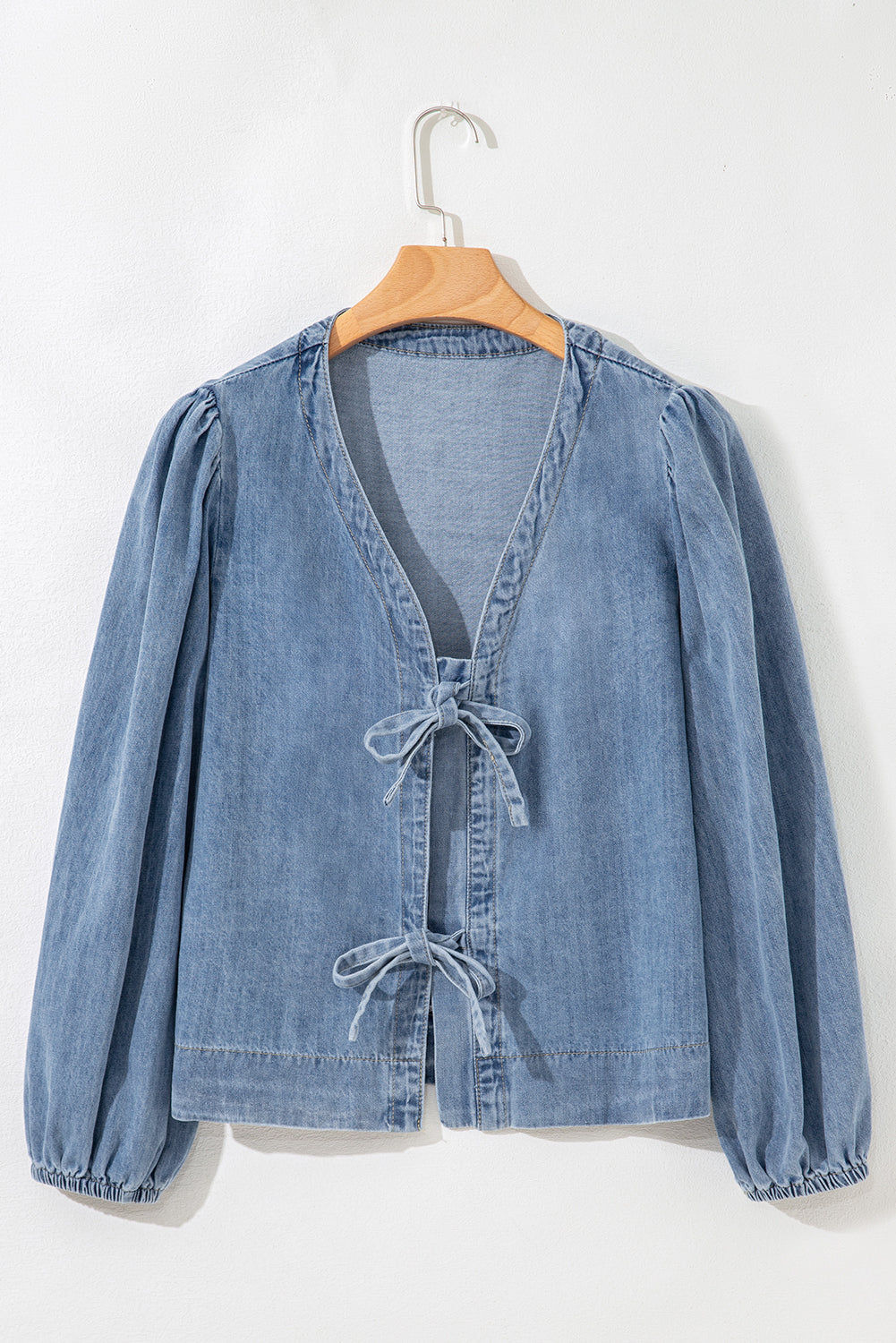 Dusk Blue Tied Front Long Puff Sleeve Denim Top-Tops/Blouses & Shirts-[Adult]-[Female]-2022 Online Blue Zone Planet