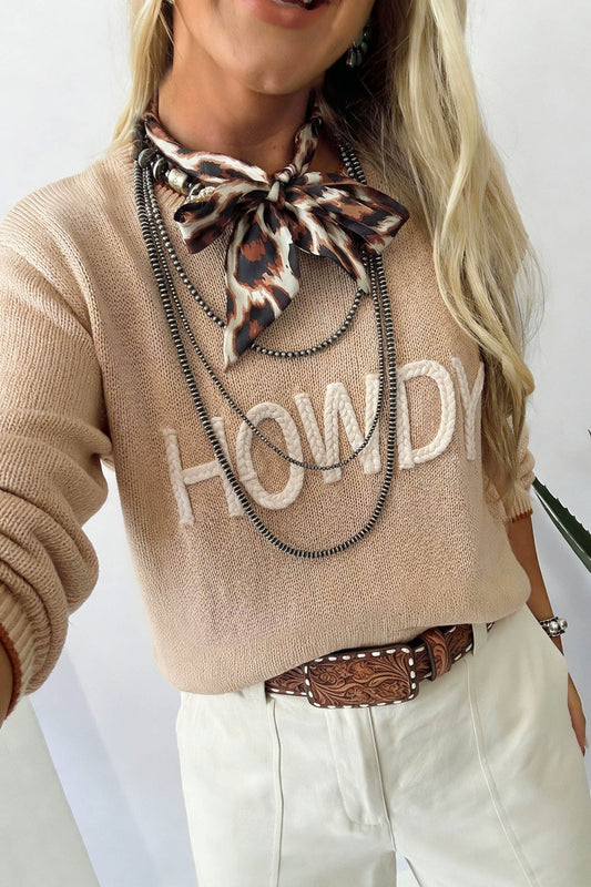 Parchment Corder HOWDY Letter Graphic Crew Neck Relaxed Sweater-Sweaters & Cardigans/Sweaters-[Adult]-[Female]-Parchment-S-2022 Online Blue Zone Planet