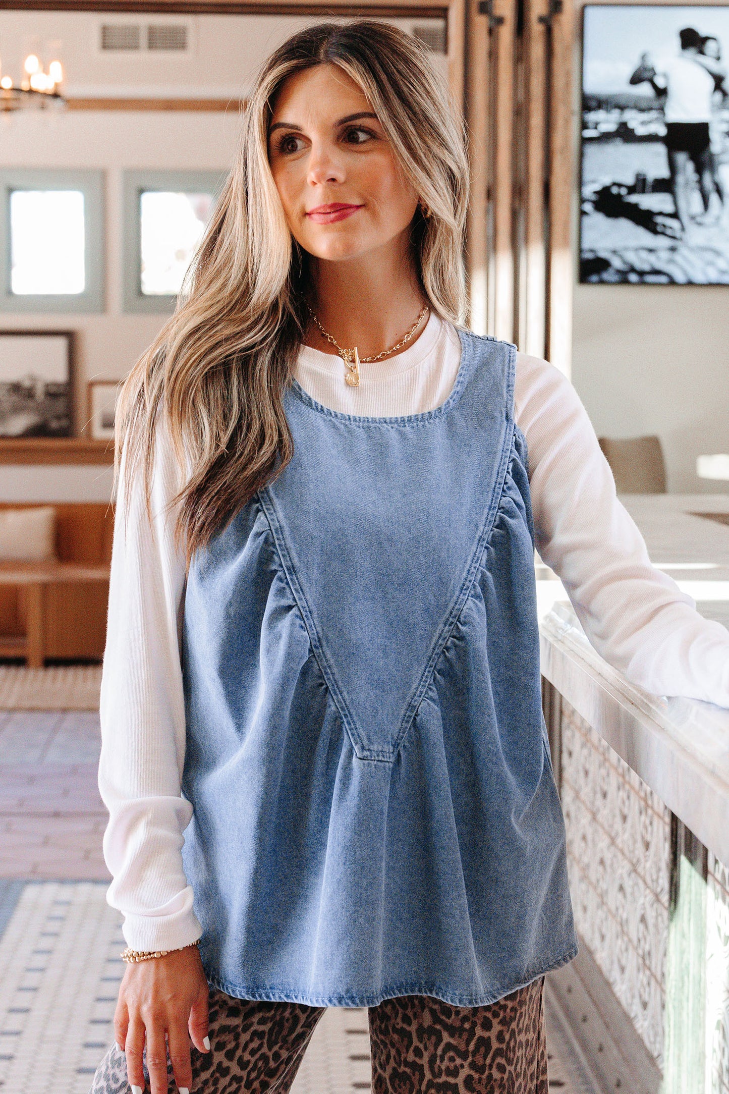 Myosotis Denim Pleated Patchwork Sleeveless Top-Tops/Tank Tops-[Adult]-[Female]-2022 Online Blue Zone Planet
