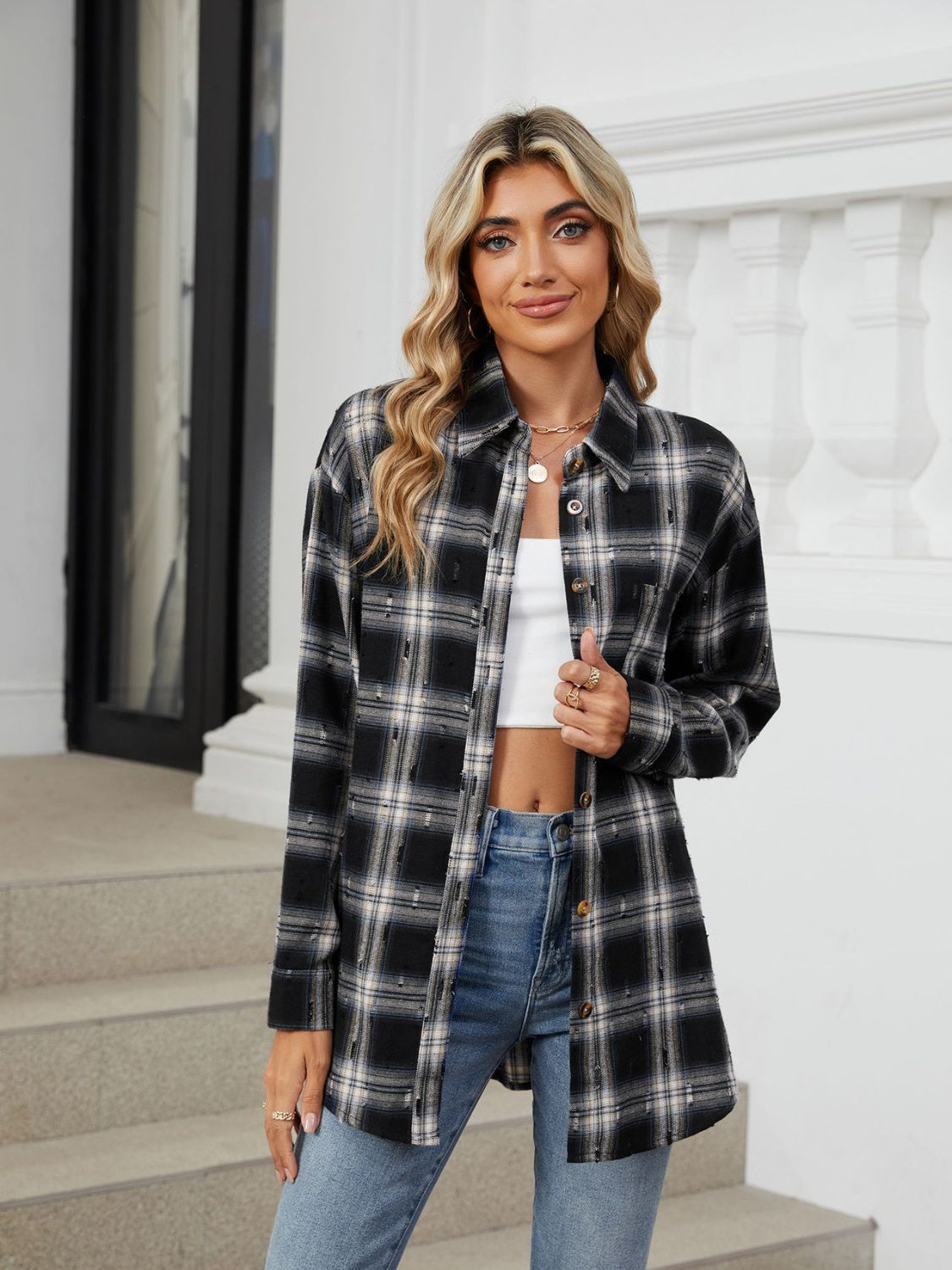 Plaid Button Up Long Sleeve Shirt-TOPS / DRESSES-[Adult]-[Female]-2022 Online Blue Zone Planet