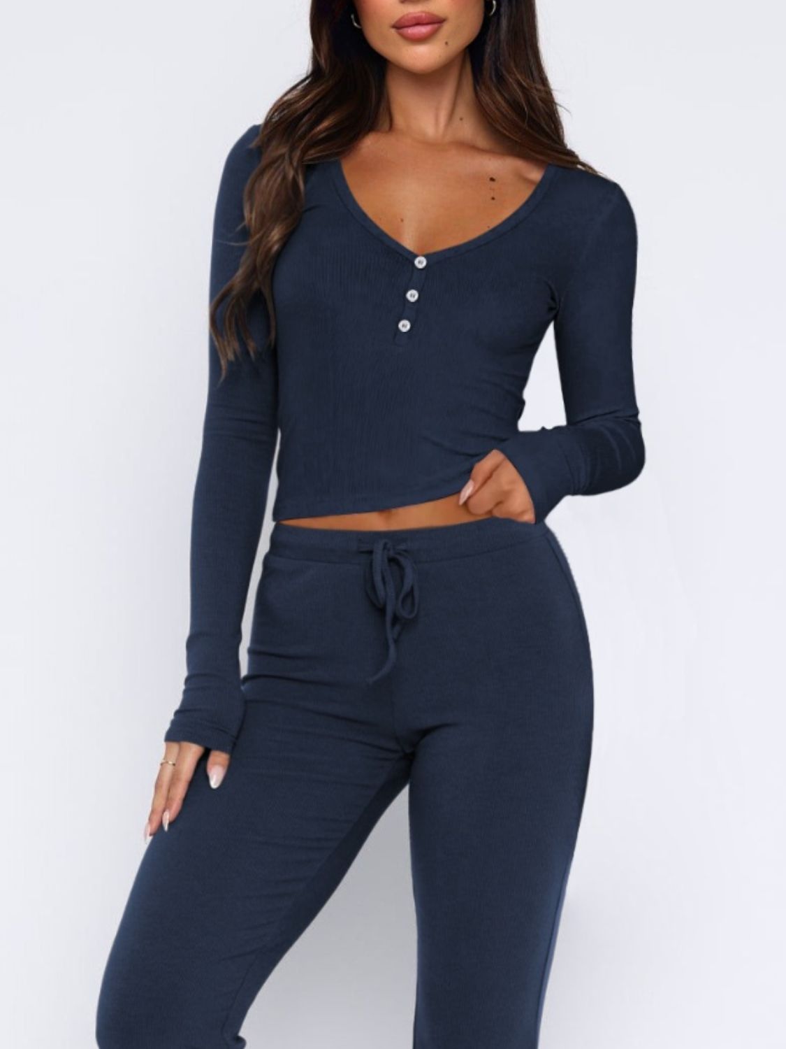 V-Neck Long Sleeve Top and Pants Set-TOPS / DRESSES-[Adult]-[Female]-2022 Online Blue Zone Planet