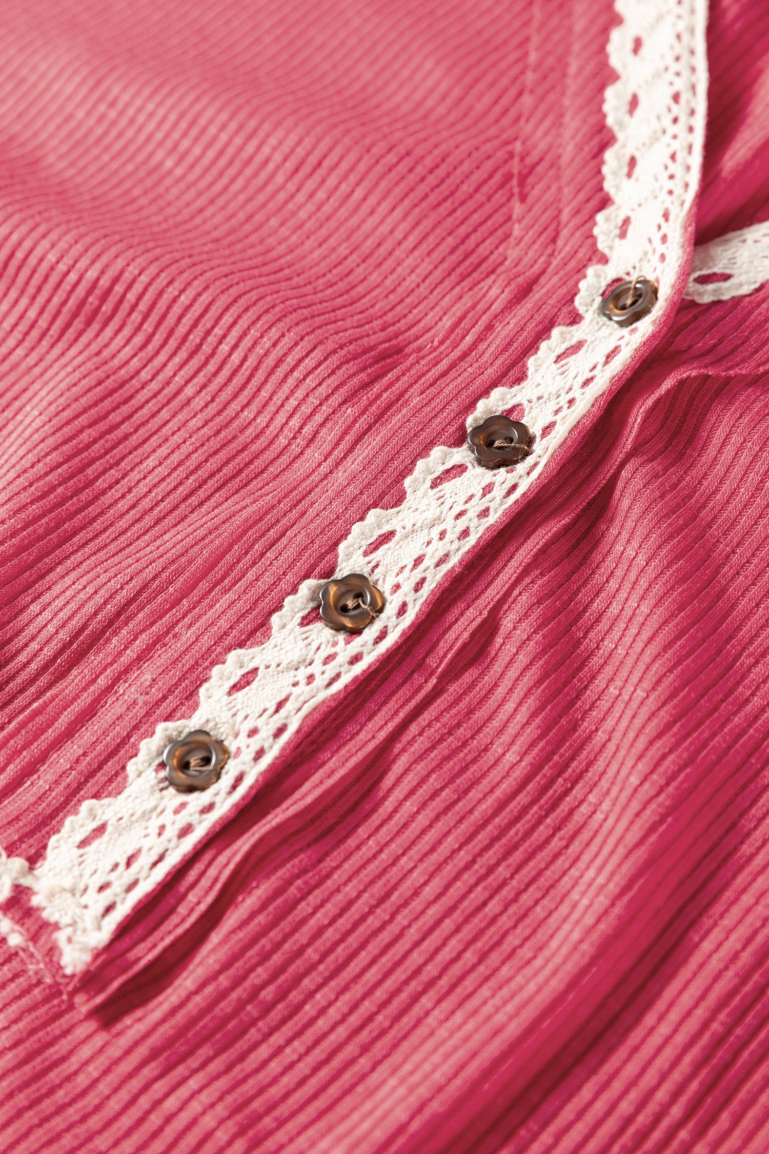 Racing Red Ribbed Texture Contrasted Lace Trim Button V Neck Long Sleeve Top-Tops/Long Sleeve Tops-[Adult]-[Female]-2022 Online Blue Zone Planet