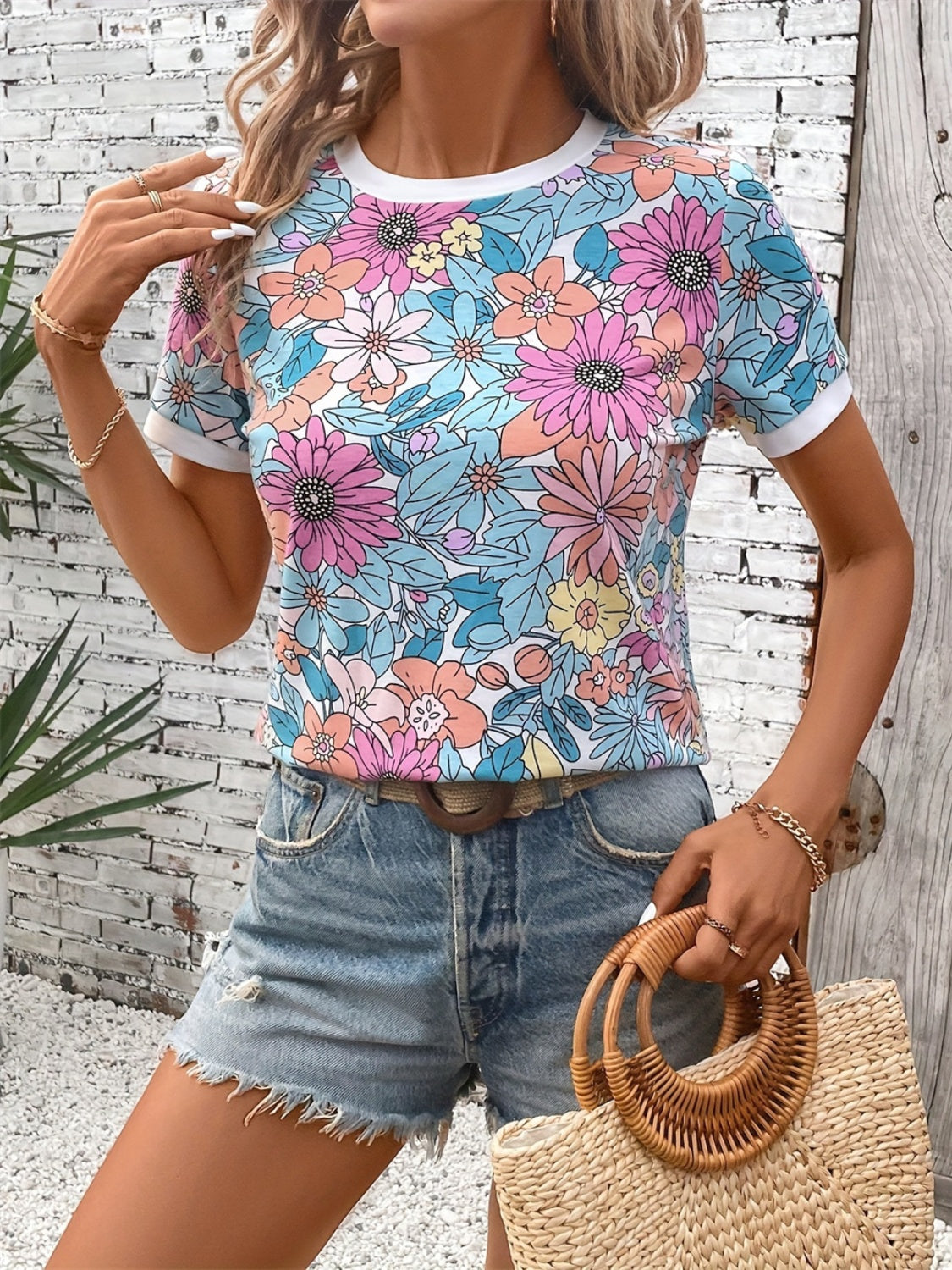 Floral Round Neck Short Sleeve T-Shirt-TOPS / DRESSES-[Adult]-[Female]-2022 Online Blue Zone Planet