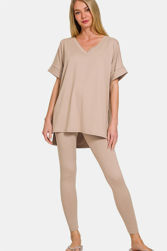 Blue Zone Planet | Zenana Full Size V-Neck Rolled Short Sleeve T-Shirt and Leggings Lounge Set-TOPS / DRESSES-[Adult]-[Female]-Lt Mocha-S-2022 Online Blue Zone Planet