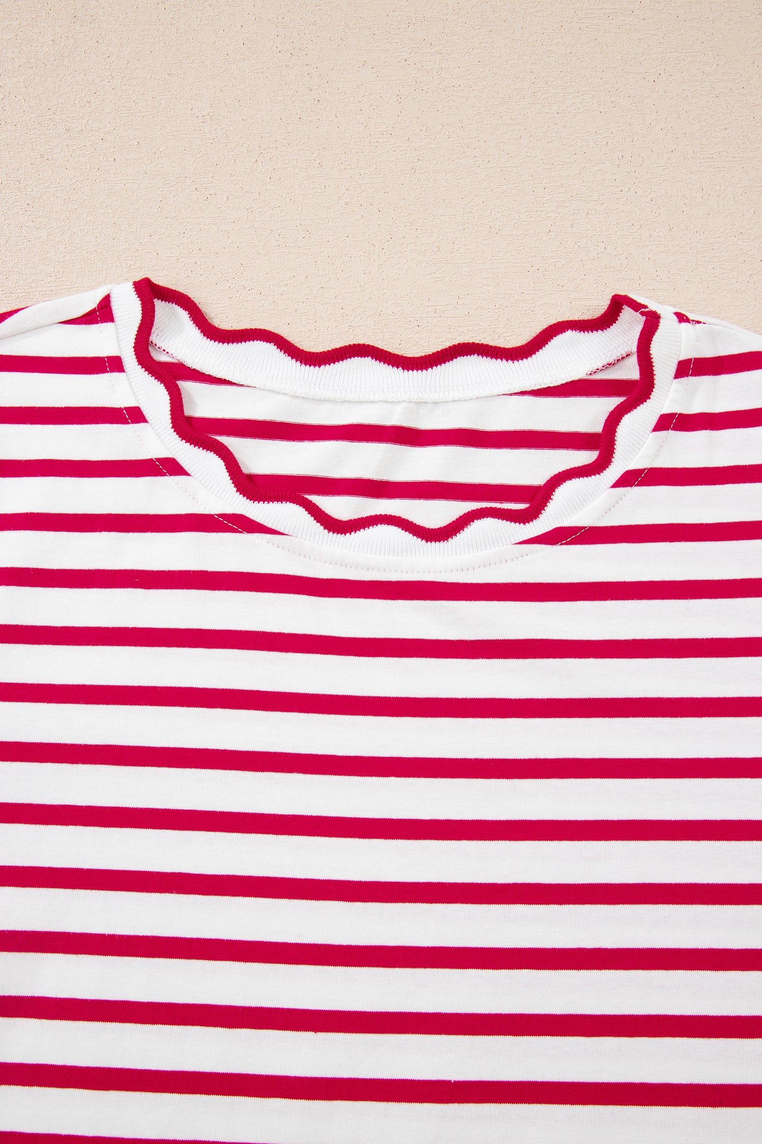 Red Stripe Scalloped Trim Round Neck T Shirt-Tops/Tops & Tees-[Adult]-[Female]-2022 Online Blue Zone Planet