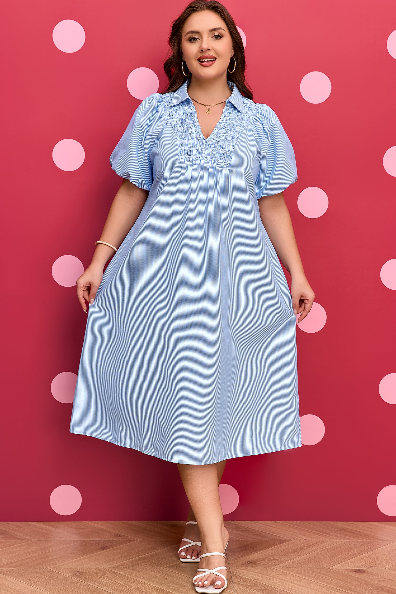 Sky Blue Stripe Shirred Detail Collar V Neck Plus Size Midi Dress-TOPS / DRESSES-[Adult]-[Female]-2022 Online Blue Zone Planet