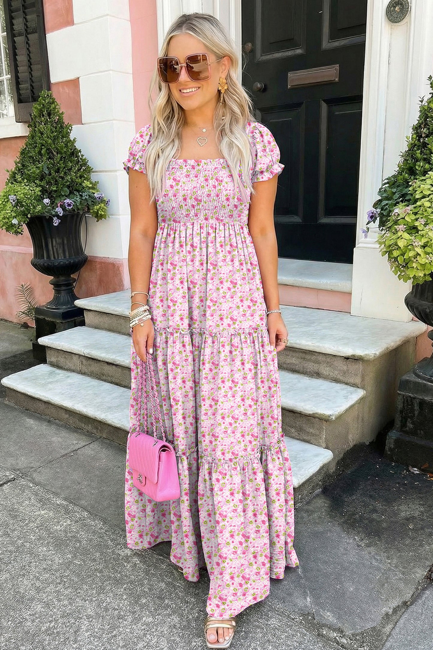 Green Floral Short Bubble Sleeve Shirred High Waist Maxi Dress-TOPS / DRESSES-[Adult]-[Female]-2022 Online Blue Zone Planet