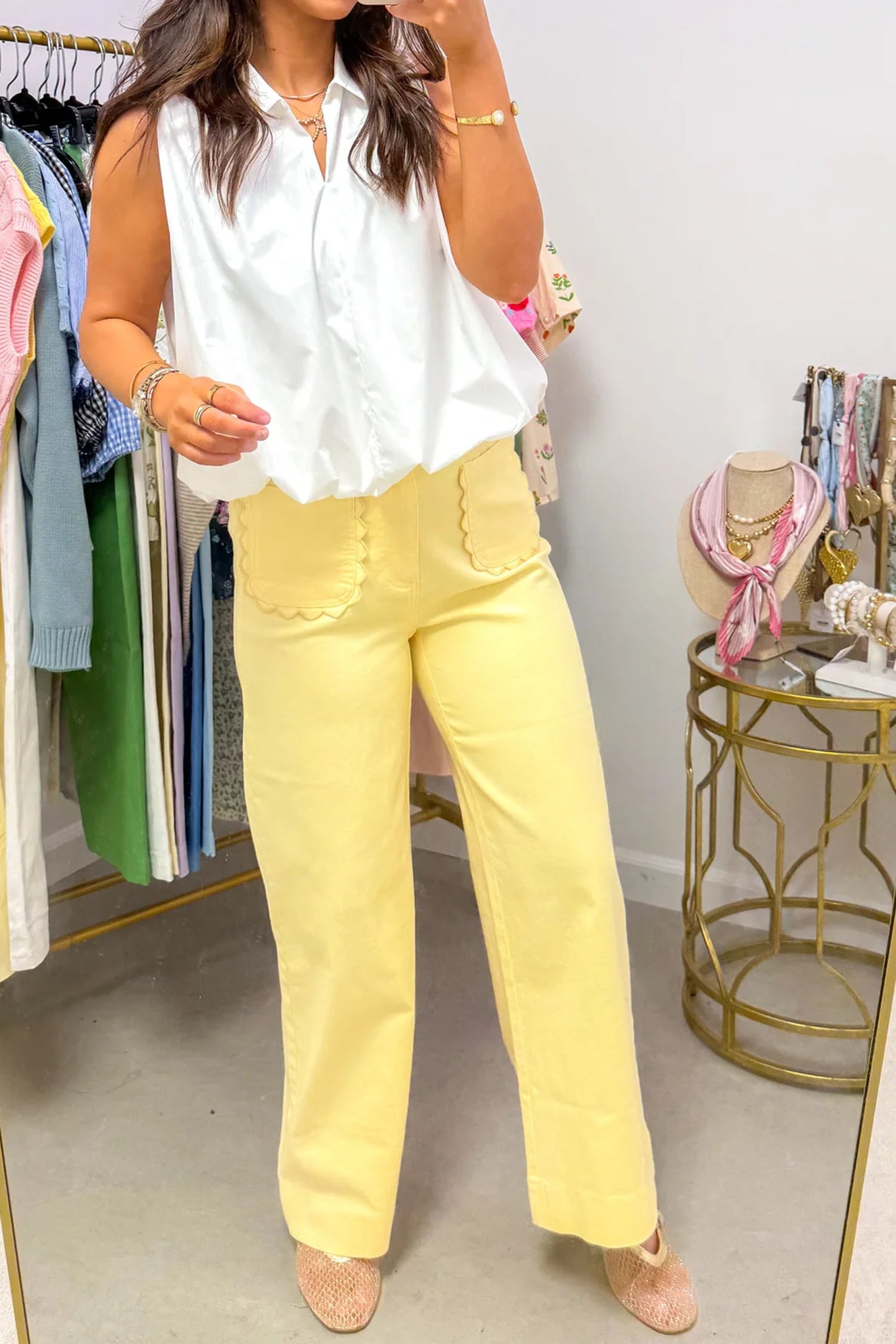 White Solid Color Scalloped Patch Pocket Shift Jeans-Bottoms/Jeans-[Adult]-[Female]-2022 Online Blue Zone Planet