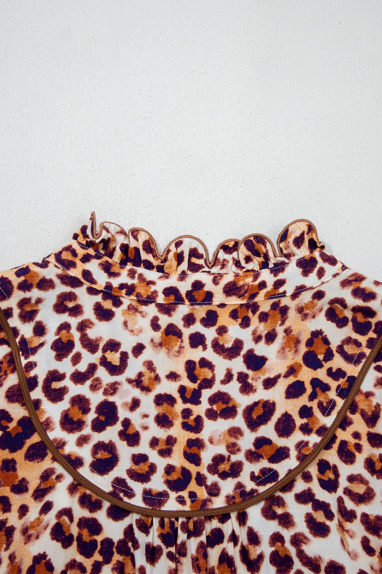 Brown Plus Size Leopard Frilled Stand Neck Blouse-Plus Size/Plus Size Tops/Plus Size Blouses & Shirts-[Adult]-[Female]-2022 Online Blue Zone Planet
