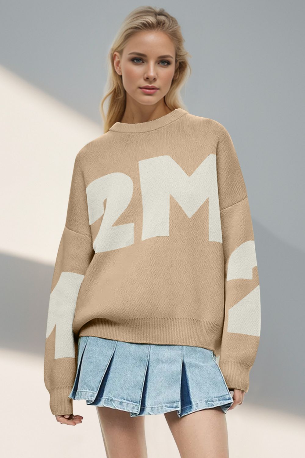 Basic Bae Contrast Letter Round Neck Long Sleeve Sweater-TOPS / DRESSES-[Adult]-[Female]-2022 Online Blue Zone Planet