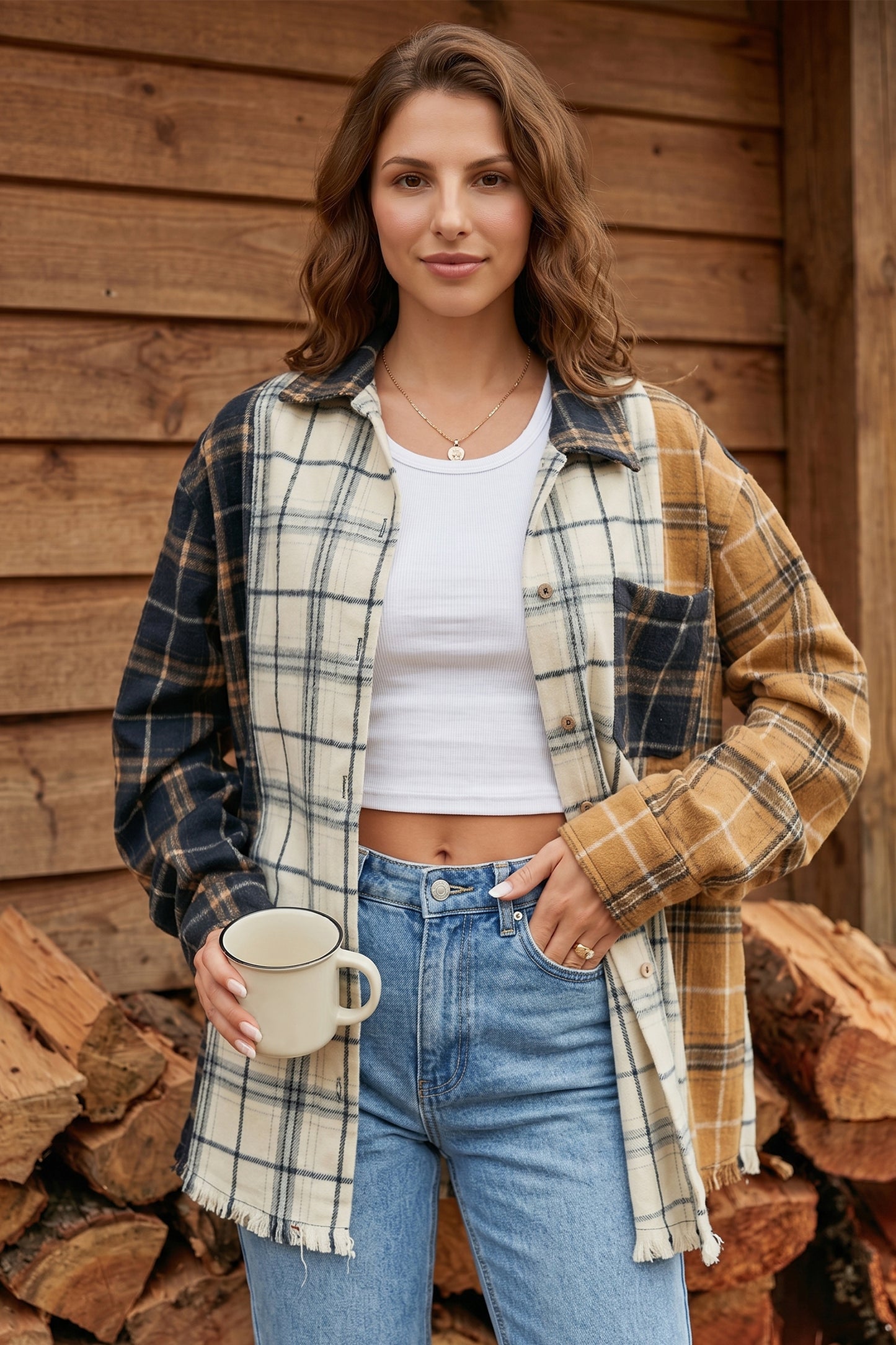 Multicolour Plaid Button-Up Long Sleeve Shift Silhouette Shacket-Outerwear/Plaid Shackets-[Adult]-[Female]-2022 Online Blue Zone Planet