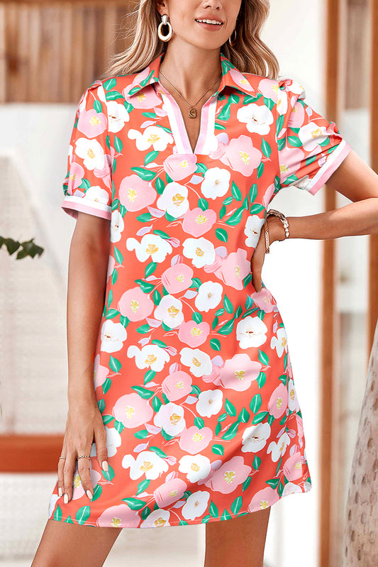 Fresh Salmon Floral Print Contrast Striped Trim Polo Collar T Shirt Dress-TOPS / DRESSES-[Adult]-[Female]-Fresh Salmon-S-2022 Online Blue Zone Planet