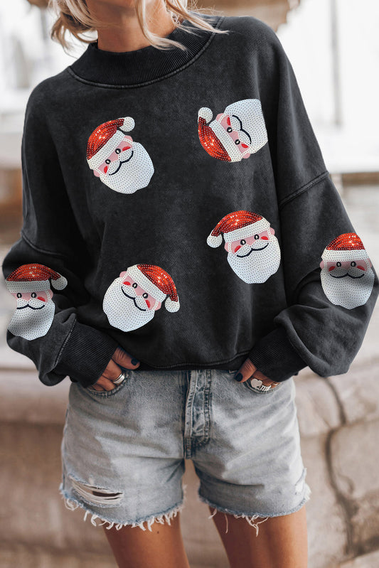 Black Sequined Santa Claus Christmas Fashion Sweatshirt-Graphic/Graphic Sweatshirts-[Adult]-[Female]-Black-S-2022 Online Blue Zone Planet