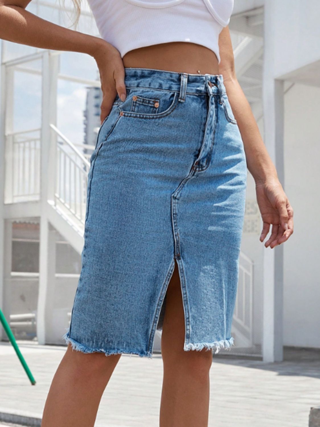 Raw Hem Slit Denim Skirt-BOTTOMS SIZES SMALL MEDIUM LARGE-[Adult]-[Female]-2022 Online Blue Zone Planet