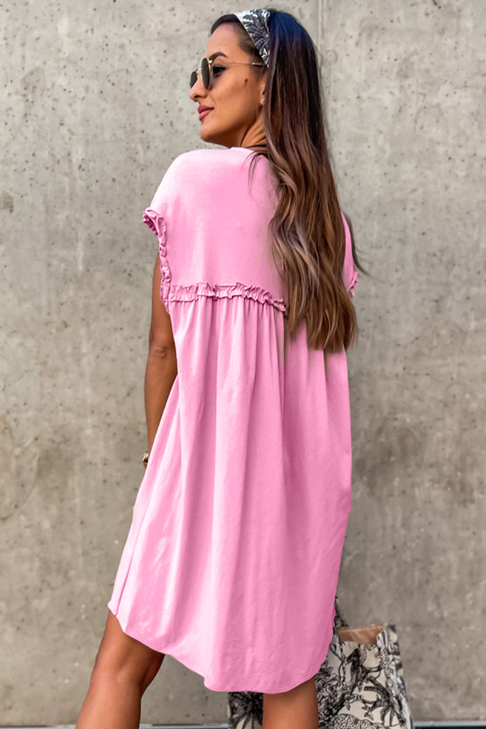 Pink Frilled Trim Crew Neck Loose Fit Mini Dress-TOPS / DRESSES-[Adult]-[Female]-2022 Online Blue Zone Planet