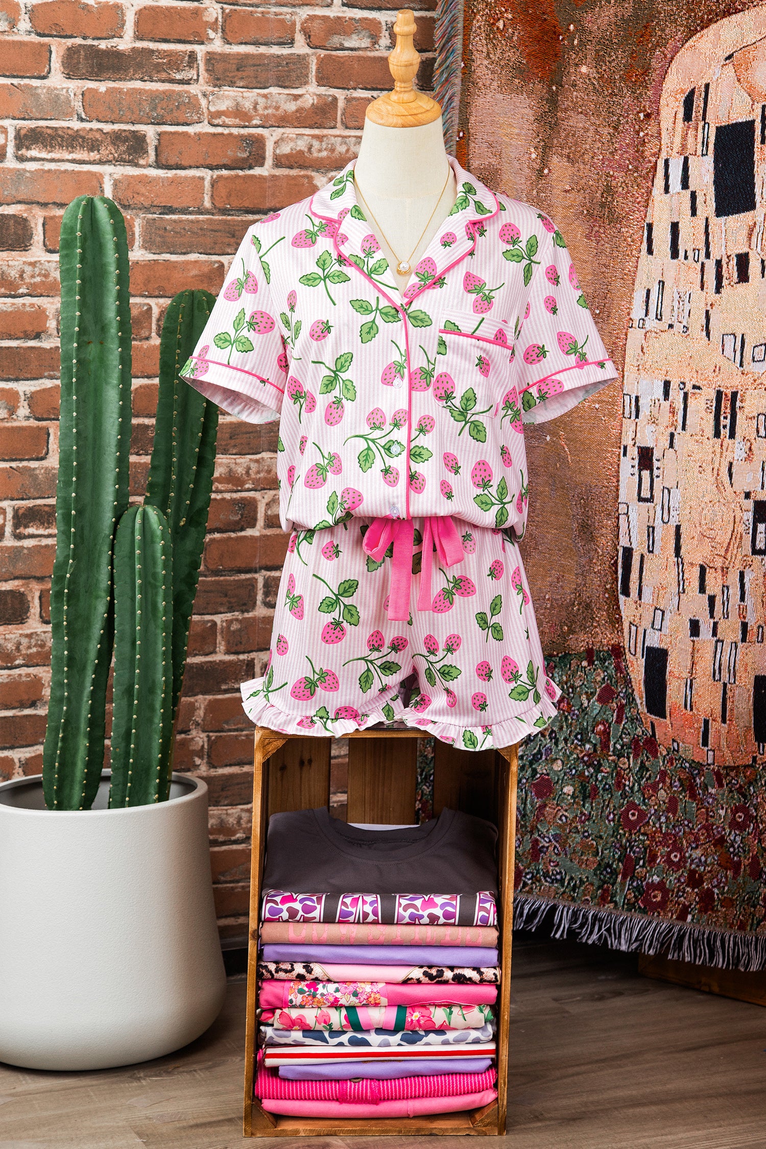 Pink Striped Strawberry Print Lapel Shirt Drawstring Shorts 2pcs Pajama Set-Loungewear & Sleepwear/Sleepwear-[Adult]-[Female]-2022 Online Blue Zone Planet