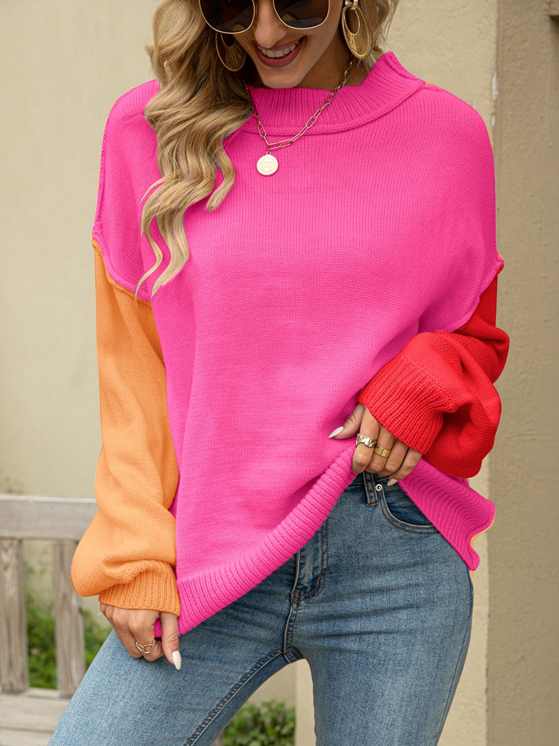 Angel Wings Color Block Dropped Shoulder Sweater-TOPS / DRESSES-[Adult]-[Female]-Hot Pink-S-2022 Online Blue Zone Planet