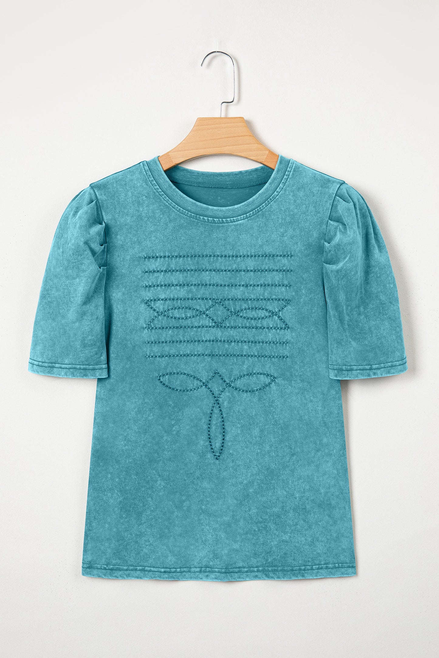 Turquoise Mineral Wash Western Embroidered Detail Short Puff Sleeve Cotton Tee-Tops/Tops & Tees-[Adult]-[Female]-2022 Online Blue Zone Planet