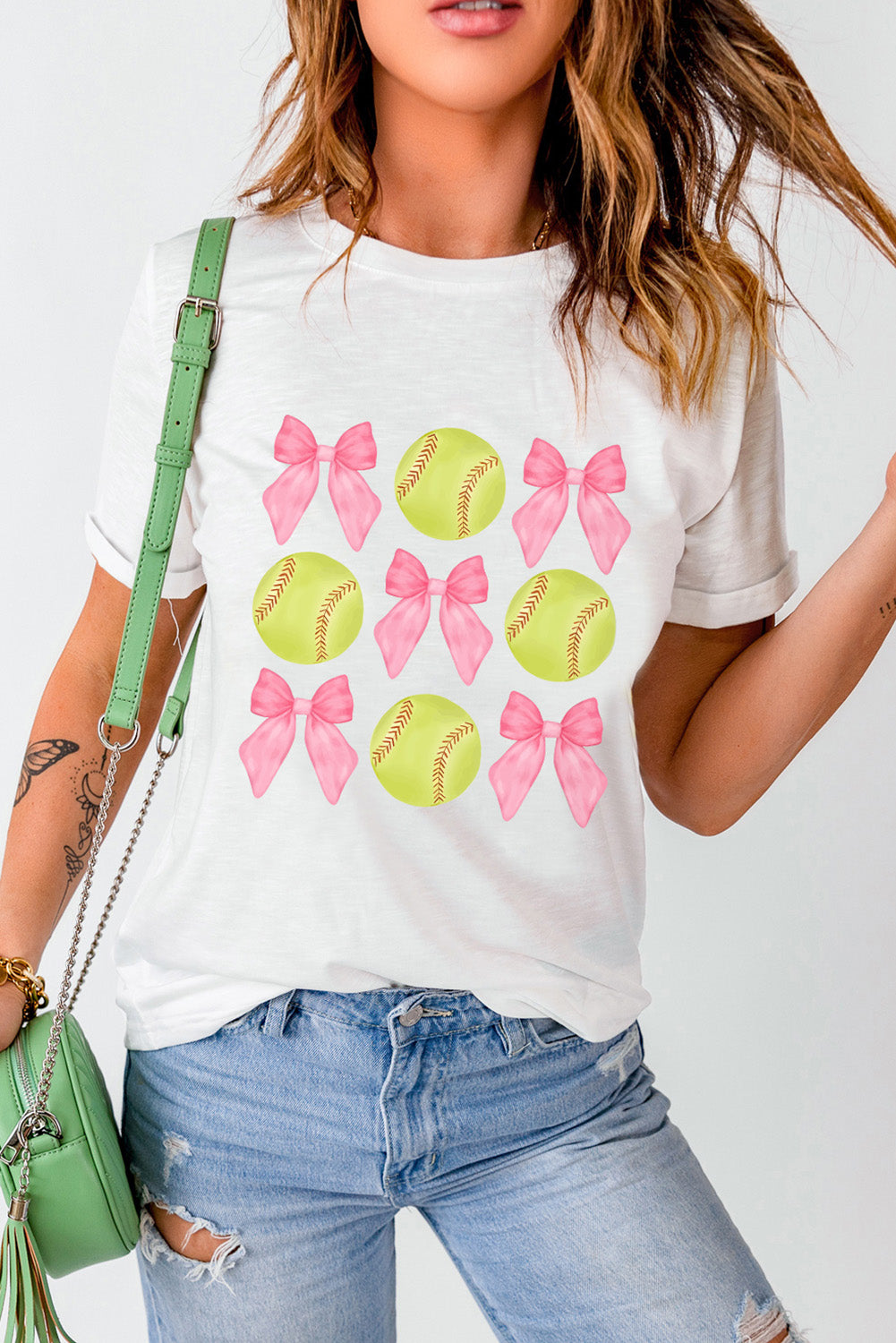 White Bow Tie Baseball Print Round Neck Casual Tee-Graphic/Graphic Tees-[Adult]-[Female]-2022 Online Blue Zone Planet