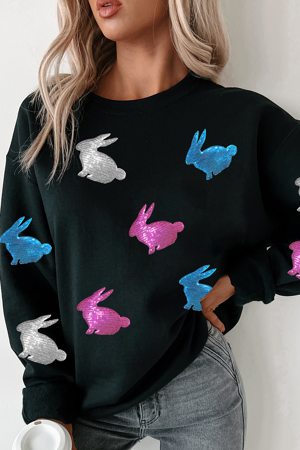 Black Easter Bunny Sequin Patched Drop Shoulder Sweatshirt-Graphic/Graphic Sweatshirts-[Adult]-[Female]-Black-S-2022 Online Blue Zone Planet