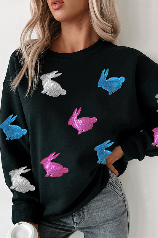 Black Easter Bunny Sequin Patched Drop Shoulder Sweatshirt-Graphic/Graphic Sweatshirts-[Adult]-[Female]-Black-S-2022 Online Blue Zone Planet