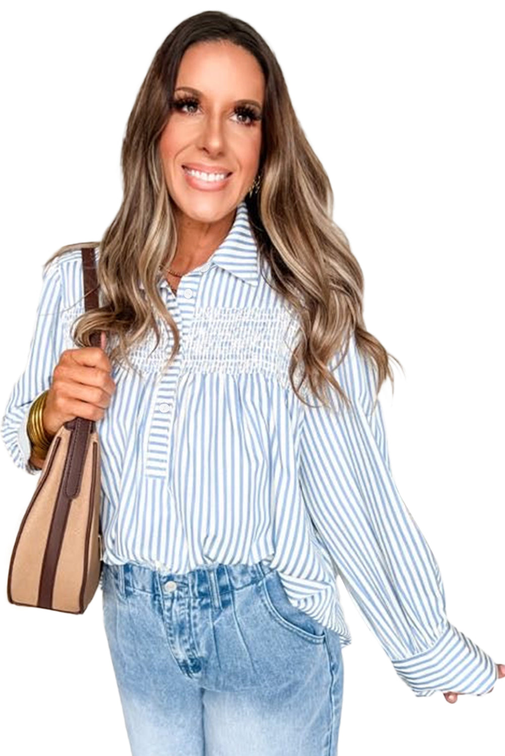 Sky Blue Stripe Shirred Detail Half Placket Collared Long Sleeve Fall Shirt-Tops/Blouses & Shirts-[Adult]-[Female]-2022 Online Blue Zone Planet