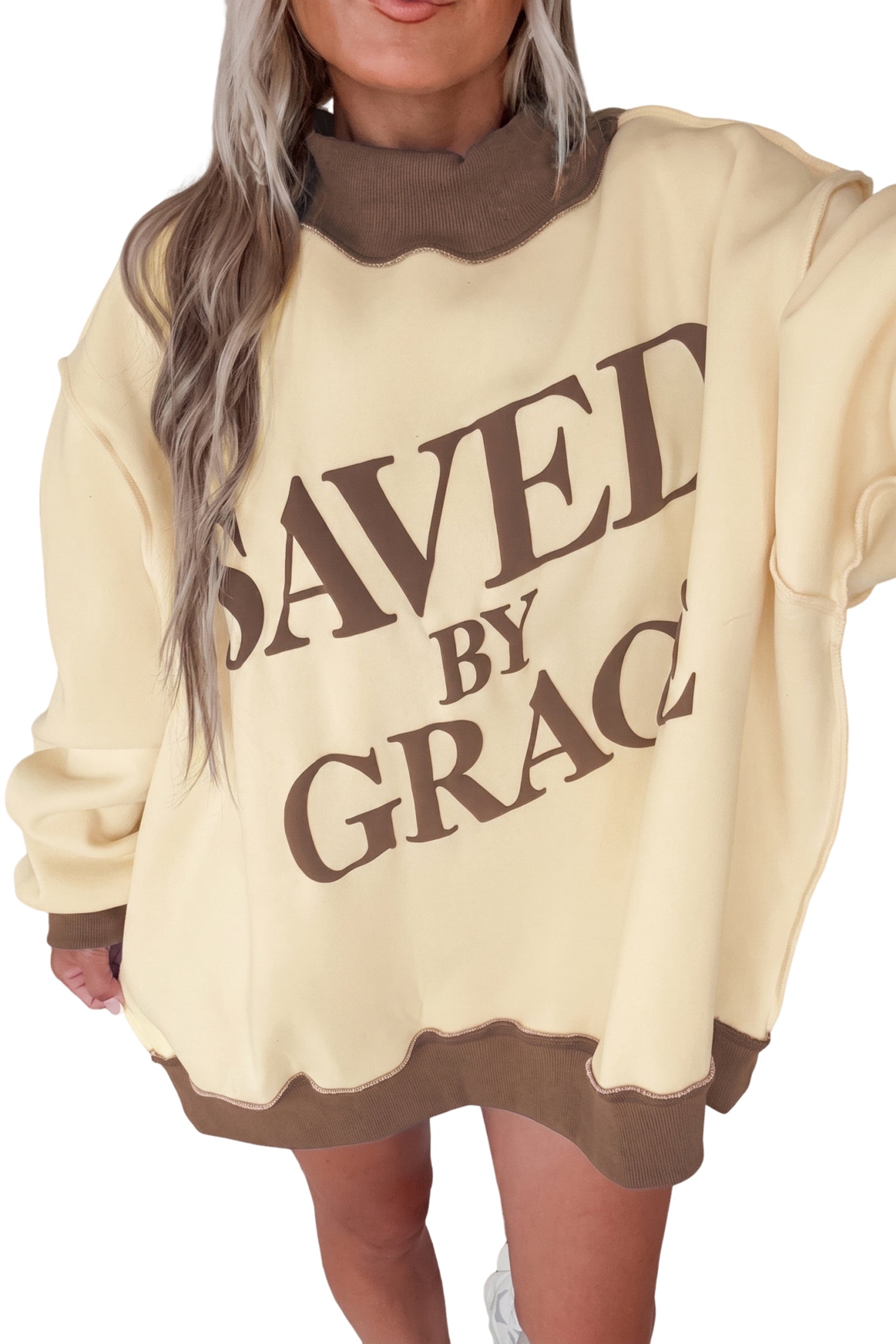 Beige Saved By Grace Print Color Block Mock Neck Oversized Sweatshirt-Tops/Sweatshirts & Hoodies-[Adult]-[Female]-2022 Online Blue Zone Planet