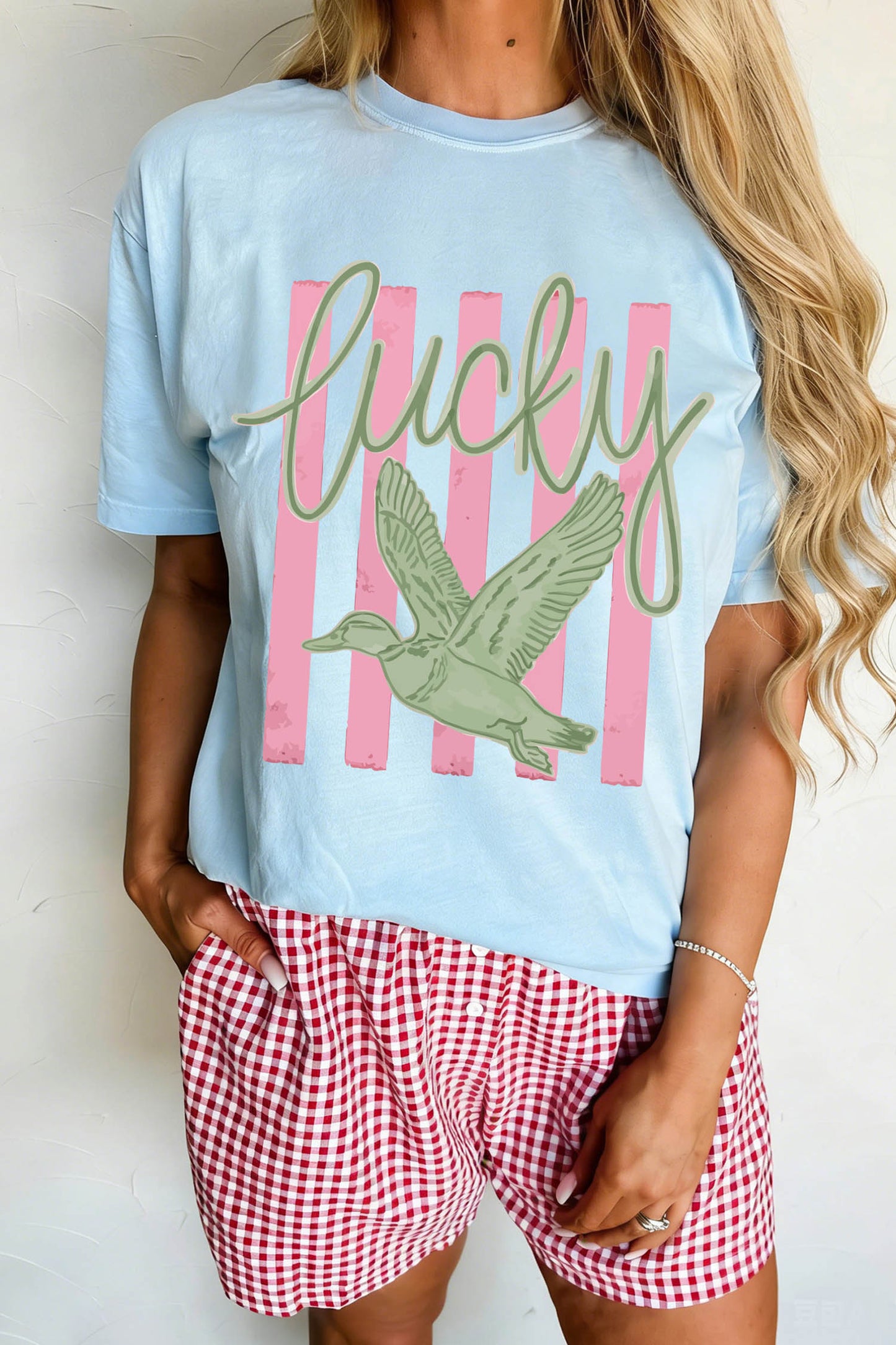 Light Blue Lucky Duck Print Casual Round Neck T Shirt-Graphic/Graphic Tees-[Adult]-[Female]-2022 Online Blue Zone Planet